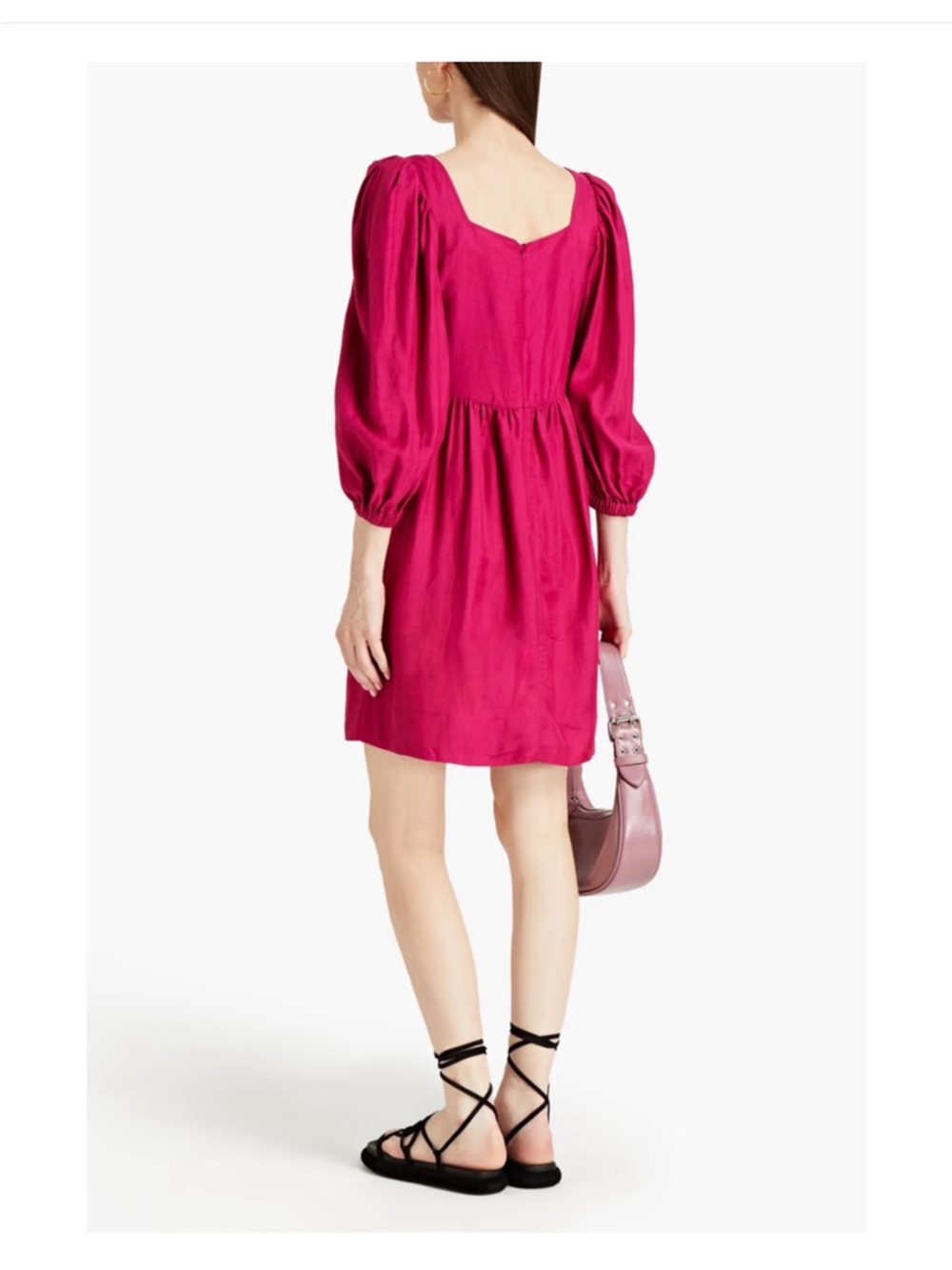 NWT ba&sh Fuchsia Framboise Puff-Sleeve Square-Neck Dress Robe Palerme L - Picture 2 of 10